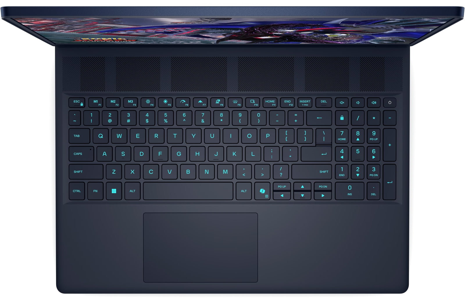 Laptop with a dark keyboard and screen on a white background