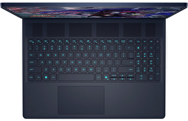 Laptop with a dark keyboard and screen on a white background